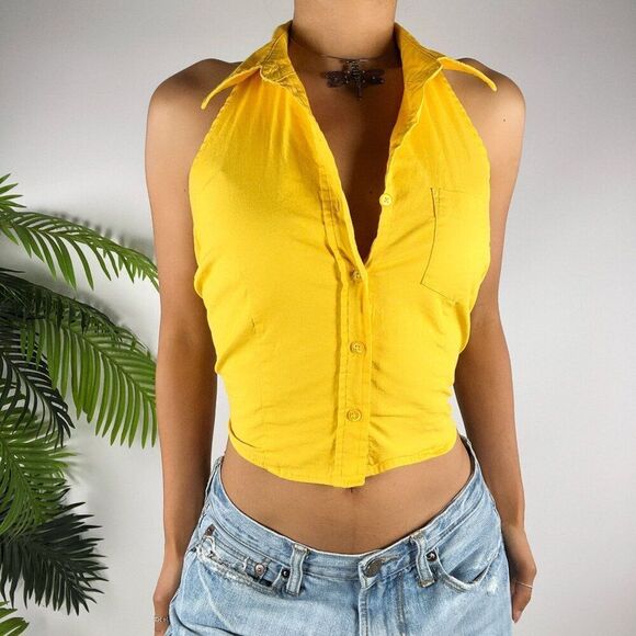 Vintage Y2K Yellow Casual Preppy Sleeveless Collared Summer Halter Crop Top / M - Picture 1 of 8